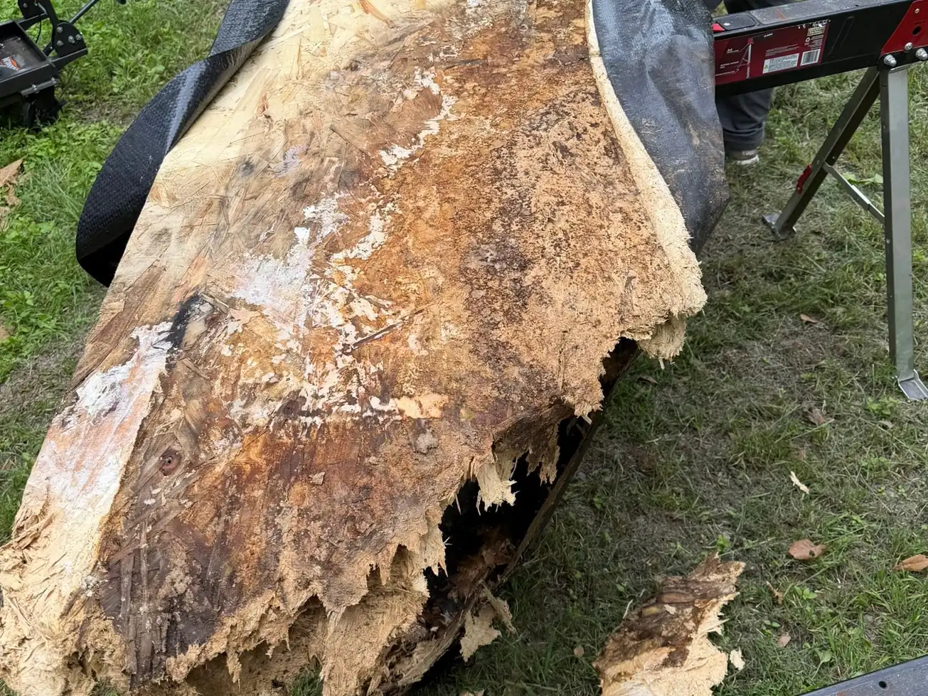 Rotted slide out floor section removed from a travel trailer, RV slide out repair