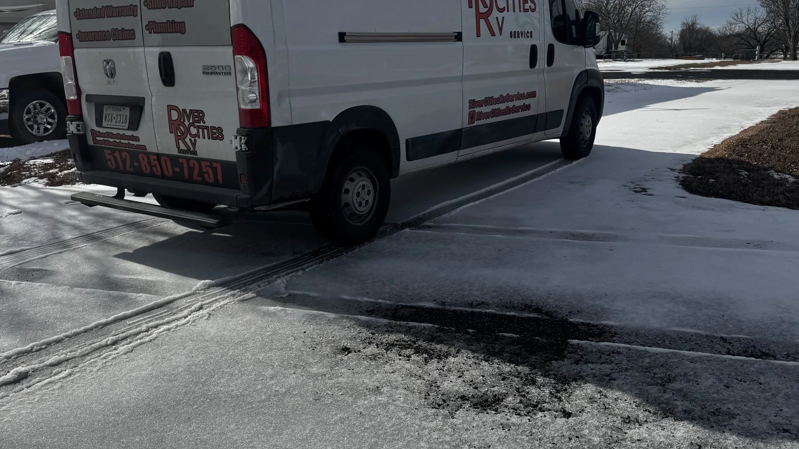 River Cities RV Service van on a snowy road, mobile RV repair across the Hill Country